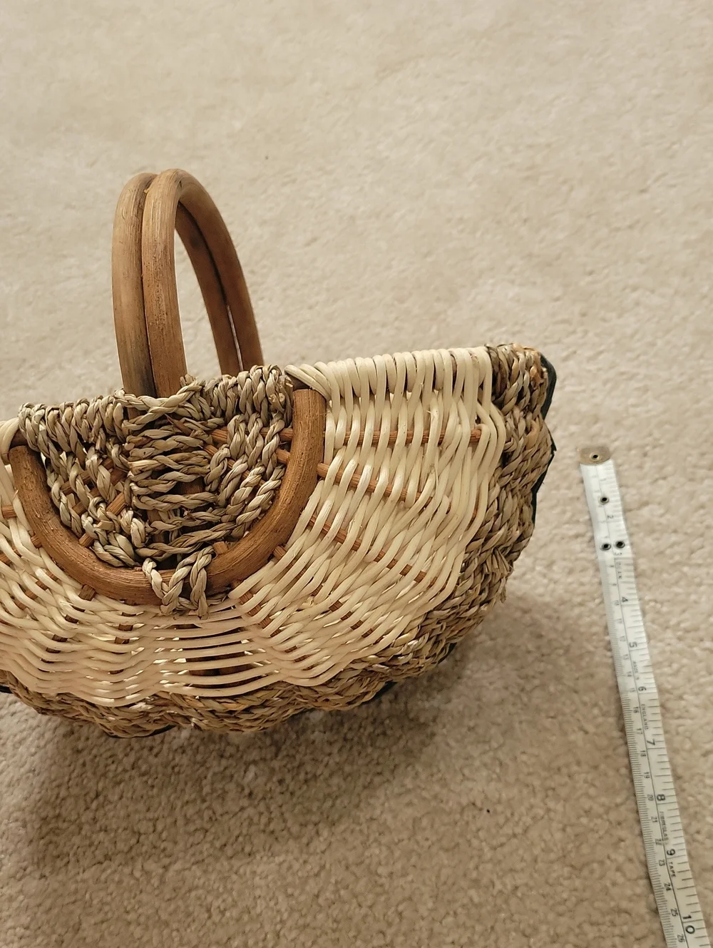 Handwoven Natural and Black Wicker Basket with Wooden Handles